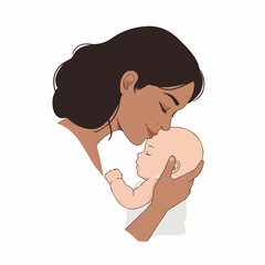 Minimalist Gentle Line Illustration Mother Kissing Baby Child Love Moment