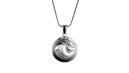 Elegant silver pendant necklace, circular design with detailed pattern