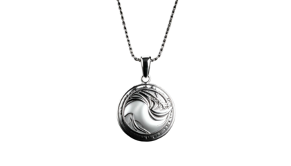 Elegant silver pendant necklace, circular design with detailed pattern