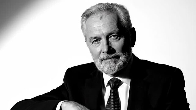 Black and white portrait of a confident senior businessman with a distinguished beard