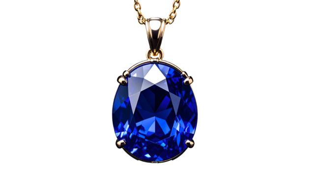 Gold pendant necklace with a large, faceted oval sapphire. Black background