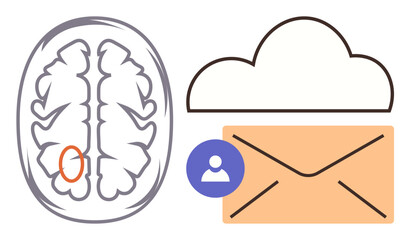 Brain diagram with highlighted area, cloud symbol, and email envelope with user icon. Ideal for neuroscience, memory, cloud technology, communication, digital learning, healthcare and innovation as