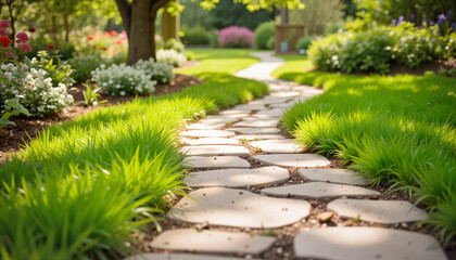 Obraz premium Stone pathway winding through a lush garden with blooming flowers 