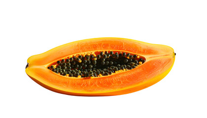 Sliced papaya reveals vibrant orange flesh and black seeds, isolated