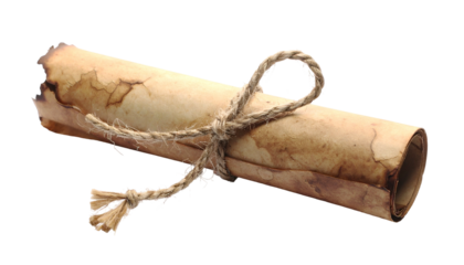 Rolled aged parchment tied with rope, weathered document