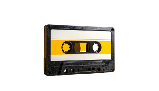 Retro audio cassette with yellow/white label. Black background, close-up