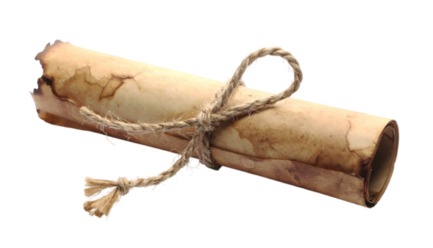 Rolled aged parchment tied with rope, weathered document