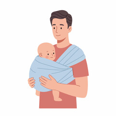 Flat Illustration of Affectionate Father Comforting His Newborn Baby in Sling
