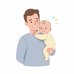 Cute Cartoon Illustration of Father Holding Adorable Baby in Arms
