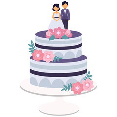 Two Tier Wedding Cake With Bride And Groom Cake Topper Decorated With Pink Flowers And Green Leaves On A White Cake Stand Isolated On Transparent Background