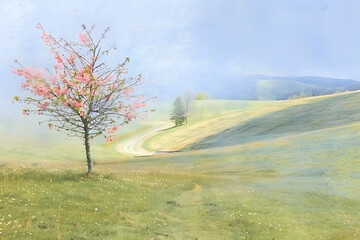 Blossoming Tree in a Gentle Meadow: A solitary tree, adorned with delicate blossoms, graces a serene meadow landscape, its branches reaching towards a soft, diffused light.