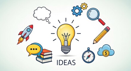 A light bulb with various icons and symbols surrounding it, including a rocket, magnifying glass, speech bubble, book, pencil, compass, cloud, and dollar sign, set against a white background.