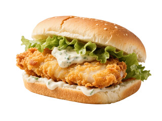 Classic golden fried fish sandwich featuring lettuce and tartar sauce on a bun isolated on transparent background