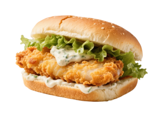 Classic golden fried fish sandwich featuring lettuce and tartar sauce on a bun isolated on transparent background
