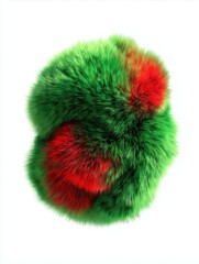 Fluffy red and green fur pom isolated on white background. Vibrant soft texture with festive contrast, realistic macro of faux fur ball with vivid color gradient.