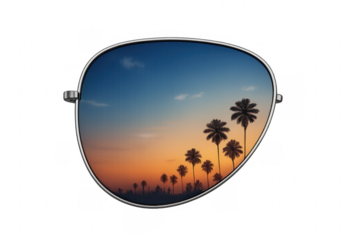 Sunglasses lens reflecting tropical sunset with palm trees