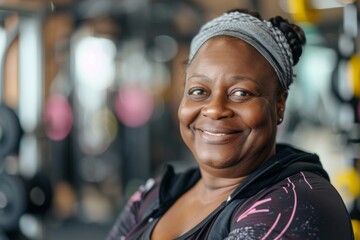 Fototapeta premium Smiling mature woman in gym with fitness equipment