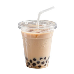 Cold iced milk tea boba drink in a plastic cup featuring tapioca pearls isolated on transparent background