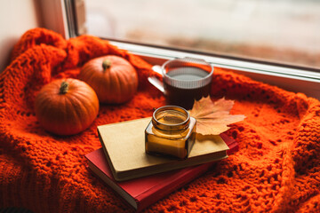 Cozy autumn atmosphere at home. Home decoration. Cozy autumn home.