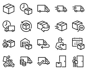 Simple Set of Truck Delivery Related Vector Line Icons. Contains such Icons as Door to Door Delivery, Express Shipping, Supply and more.	