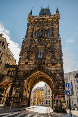 Late-Gothic Powder Tower in Prague, Czech Republic, with ornate sculptural decoration on its historic facade