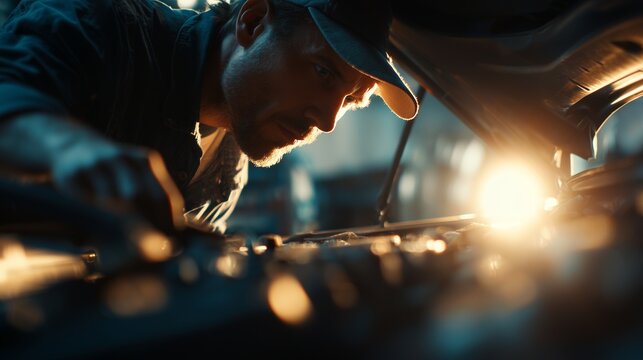 A man in a hat works intently on a car engine under a warm light. The man adjusts components of the car as the man focuses on his task wearing the hat. - Powered by Adobe