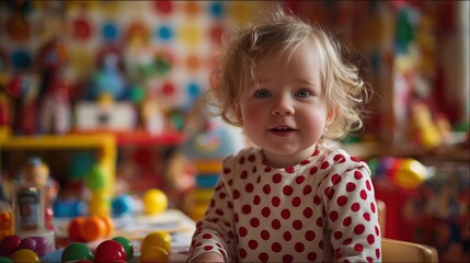 A girl in a polka dot dress with curly hair sits among colorful toys, while the girl's surrounding toys reflect vibrant playroom decor. The girl, dress, and toys harmonize joyfully