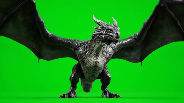 Animated dragon standing on green screen background. Mythical green creature with black wings and horns in fantasy pose. Cgi beast for visual effects integration and animation footage.