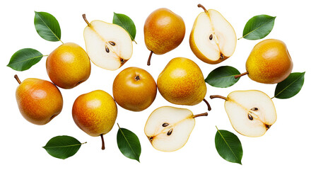 Obraz premium Fresh pears with leaves top view on a black background