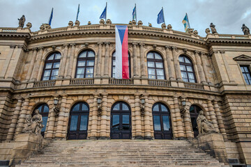 Elegant neoclassical façade of the Rudolfinum concert hall in Prague, Czech Republic, captured on an overcast day