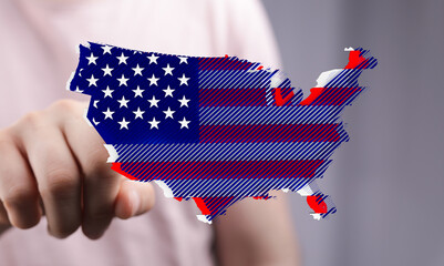 Hand pointing at US map designed with American flag. Patriotism, freedom, national pride.