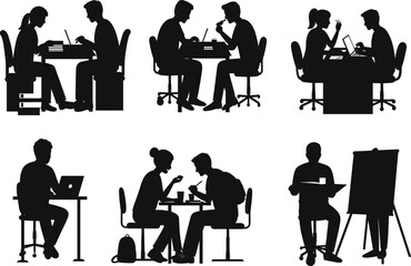 Silhouette Vector of Students and Professionals Collaborating with Laptops, Books, Presentation Boards in Study and Instructional Workspace Scenes