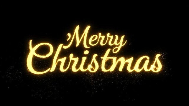 Merry Christmas lettering animation. Golden glowing text forming with sparkling trail on black background. Festive holiday greeting concept for digital videos.