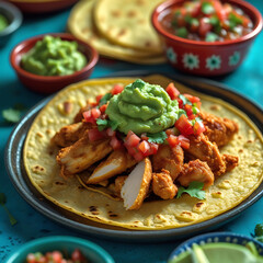 Delicious chicken taco with guacamole, salsa, and fresh cilantro on a plate