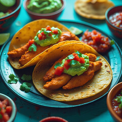 Two tasty chicken tacos with guacamole, salsa, and cilantro on a blue plate