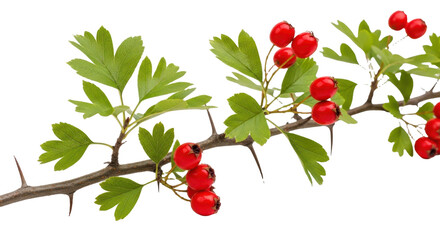 Vibrant Hawthorn Branch with Red Berries, Green Leaves, and Thorns