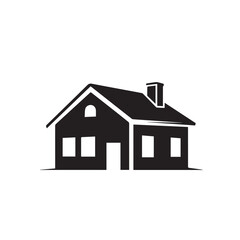 Fototapeta premium A simple black silhouette icon of a traditional house with a chimney and windows on a white background.