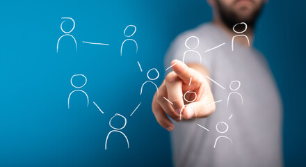 Image of a person interacting with a network diagram, ideal for illustrating connection, teamwork, and communication.