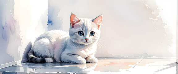 Cute gray striped kitten sitting by wall corner. Shy white baby cat in watercolor illustration. Adorable small cat with soft gray stripes in empty space.