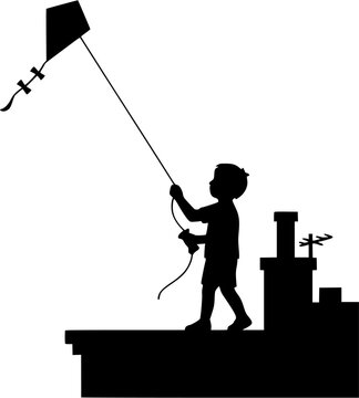 Kite Flying Child Vector: solid silhouette icon of kid on rooftop with manja reel, minimal flat design for Indian kite festival, Makar Sankranti, Uttarayan, childhood joy, outdoor activity & culture