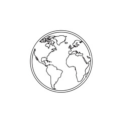 A simple line drawing of the Earth, showing continents and oceans within a circular border.