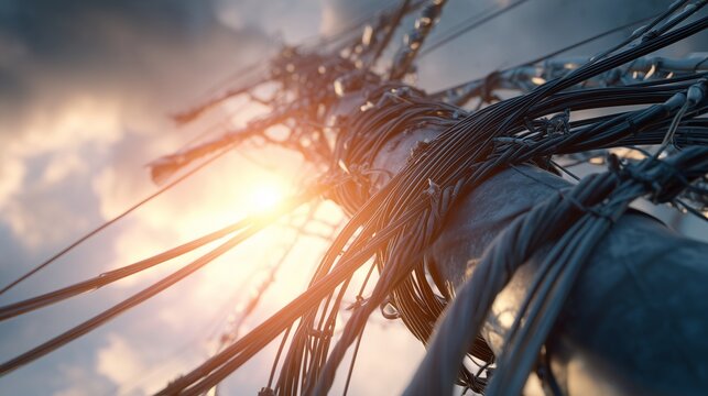 Thick wires wrap around a metal pole as the glowing sun pierces through the wires and reflects on the metal. The pole holds the wires while the sun sets behind the wires. - Powered by Adobe