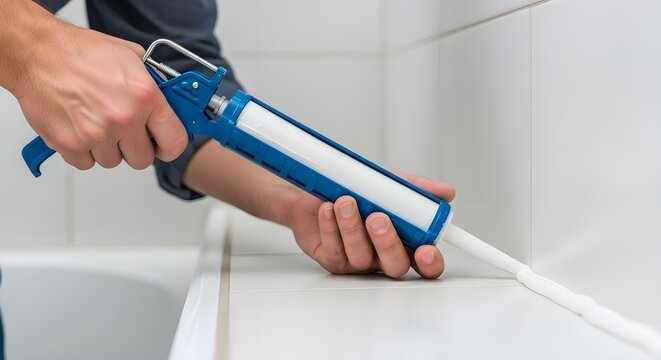 hand applying sealant with caulking gun to bathroom bathtub