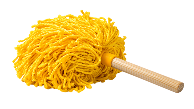 Yellow string mop head with wooden handle isolated on transparent background