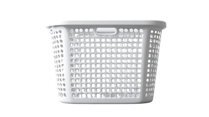 White plastic laundry basket with holes isolated on transparent background, container