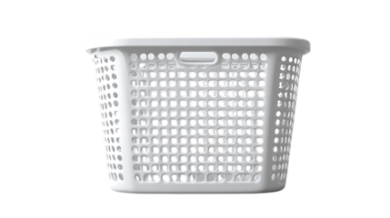 White plastic laundry basket with holes isolated on transparent background, container