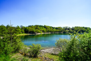 View of the Genkel Dam and the surrounding landscape. Nature at the lake near Gummersbach and Meinerzhagen.
