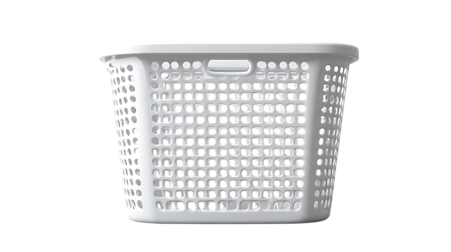 White plastic laundry basket with holes isolated on transparent background, container