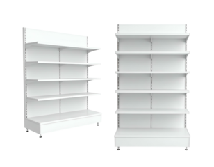 Two clean, white retail shelves, angled and frontal view, against black background