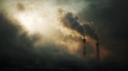 Industrial chimneys emitting dense smoke into a dramatic overcast sky with sunlight breaking through